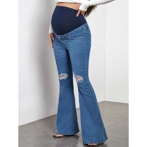 Maternity Ripped knees distressed Flare Leg Jeans blue medium wash